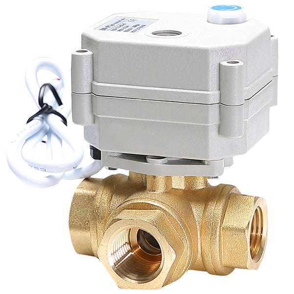 HSH-Flo 3 Way 1/4" 3/8" 1/2" 3/4" 1" 1-1/4" 12V/24VDC L Type Auto Return Brass Electrical On/Off Motorized Ball Valve